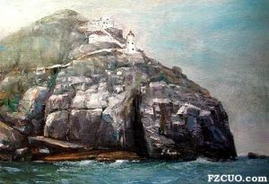 这张「从海上观看东涌灯塔」油画，是曹楷智的作品，由陈其标收藏。（马祖资讯网）